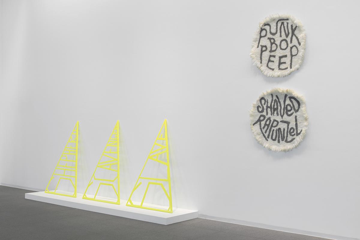 Shepherd, Scavenger, Slave, painted aluminium, 180 × 130 cm, 2022. Shaved Rapunzel & Punk Bo-Peep, felted raw wool, Gotland and Merino sheep, 107 × 107 cm, 2023.