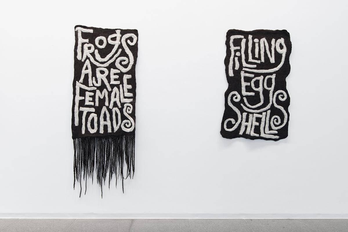 Frogs Are Female Toads & Filling Egg Shells, felted raw wool from Hebridean, Tiroler Bergschaf and Merino sheep, 200 × 80 cm, 140 × 85 cm, 2023.