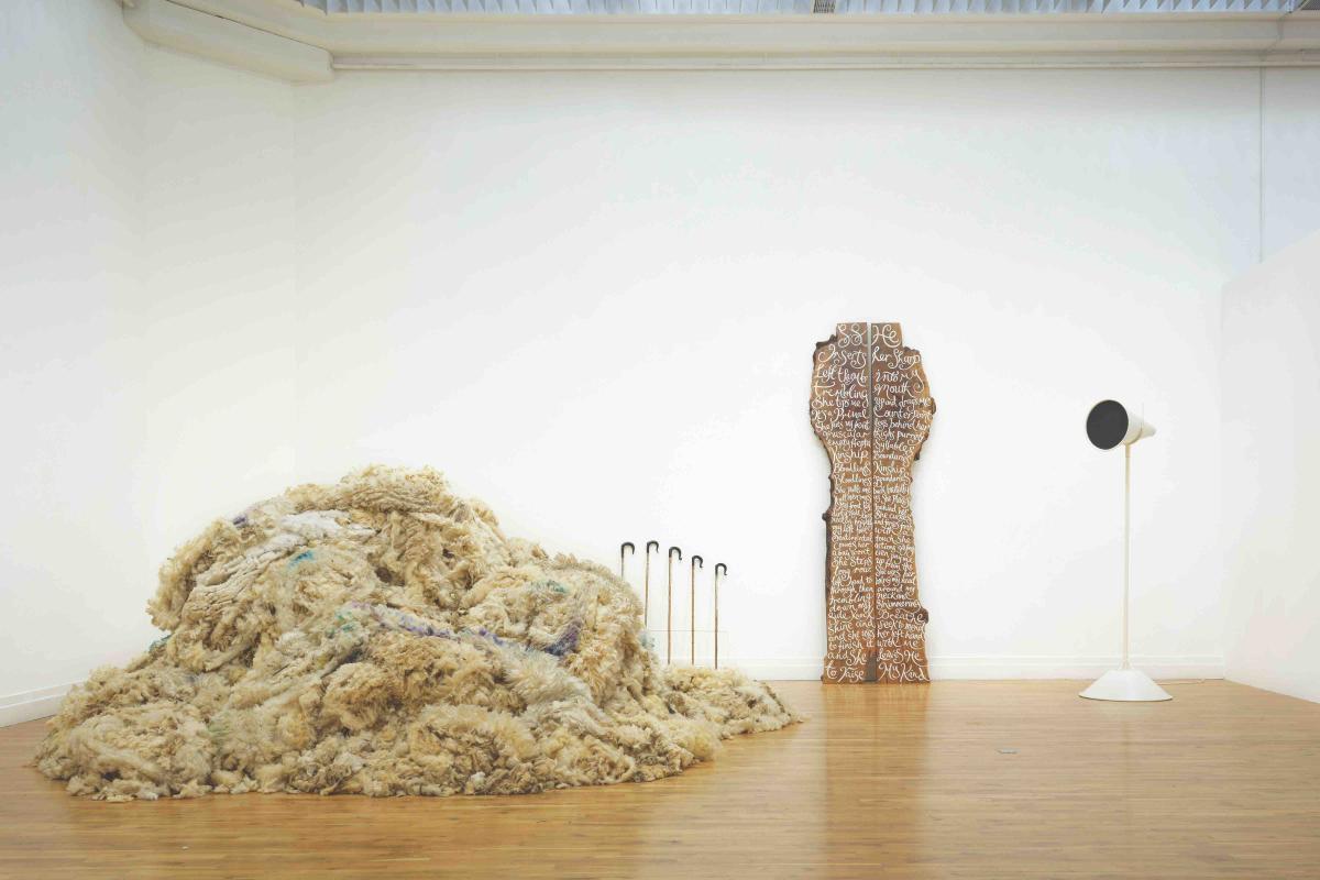 Stockpile, 2022. Songwood, hand-painted London plane, 330 × 113 x 6 cm, 2022